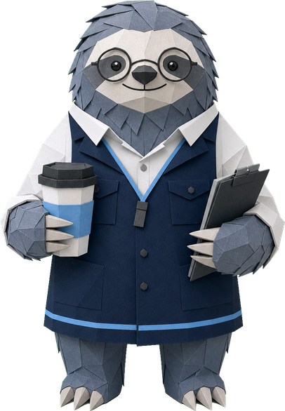 Tally, the LaserYield sloth, holding a coffee and a clipboard